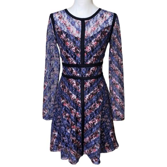 Floral Navy Sheer Long Sleeve Dress Knee Length Piping SZ Small Gothic Ruffle - Picture 14 of 14